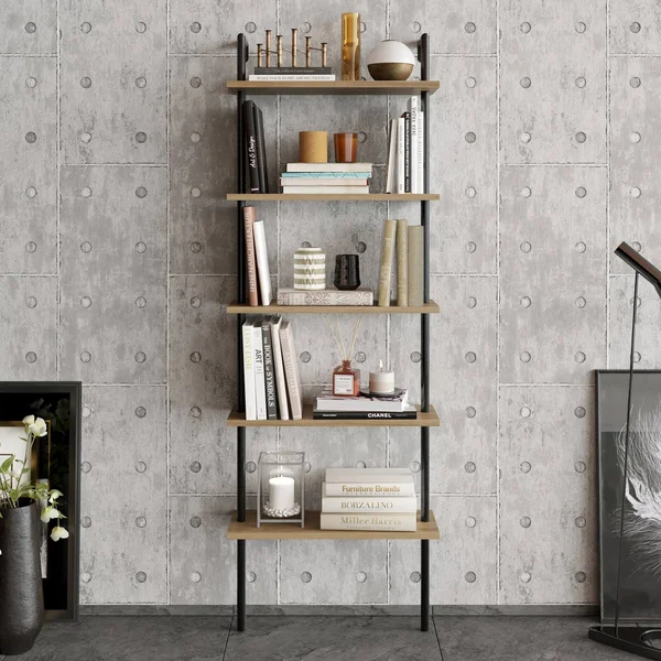 Decorotika Paula 68&& Tall Metal Wood Accent Ladder Bookcase - Black & Oud Oak