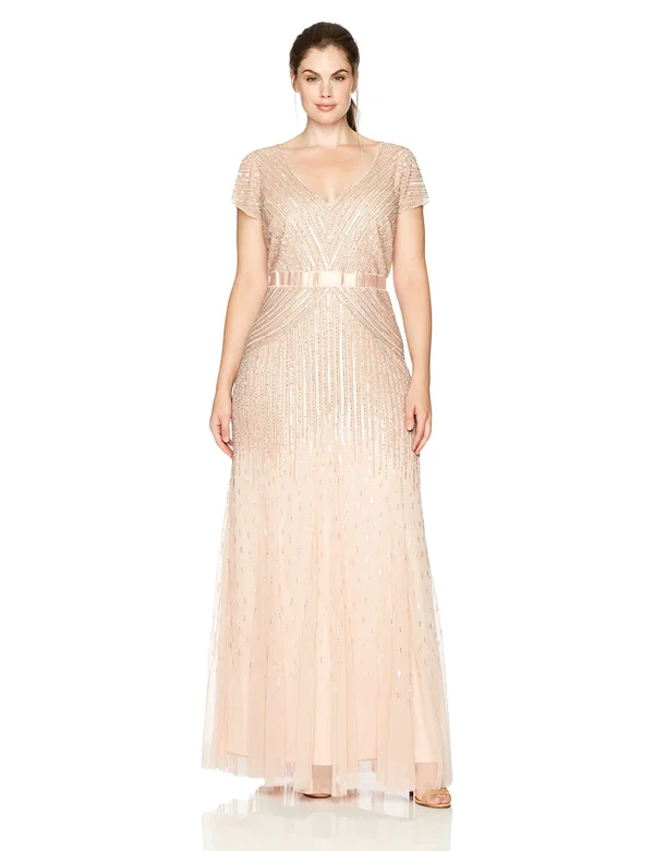 Adrianna Papell Beaded V-Neck Gown, Blush, Size: 18