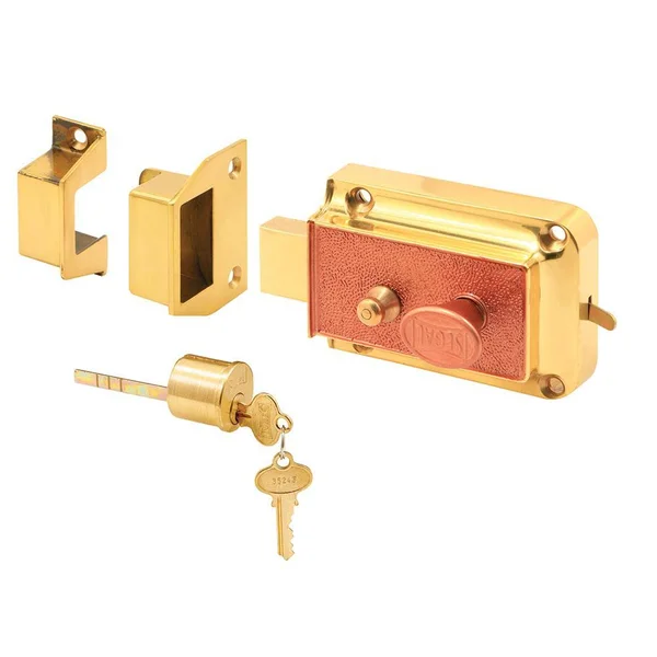 Rim Deadbolt, Cast Bronze Construction, Polished Brass-Plated Finish, Copper Painted Textured Surface