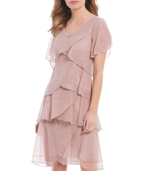 Ignite Evenings Shimmer Tiered Ruffle Scoop Neck Short Flutter Sleeve Dress - 6