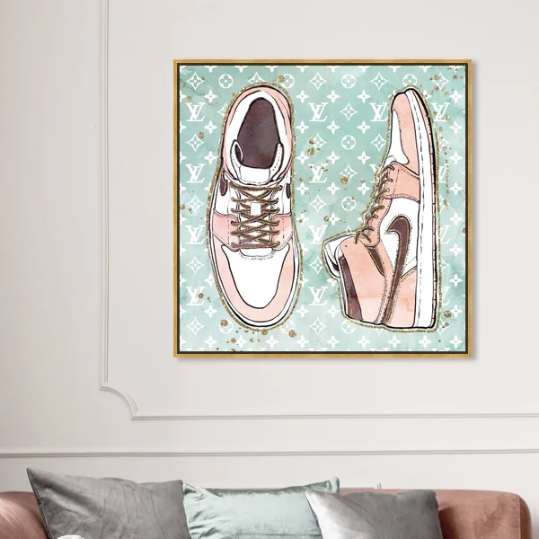 Oliver Gal 'Blush Fashion Sneakers' Fashion and Glam Wall Art Framed Canvas Print Shoes - Pink, Green - 40 x 40 - Gold