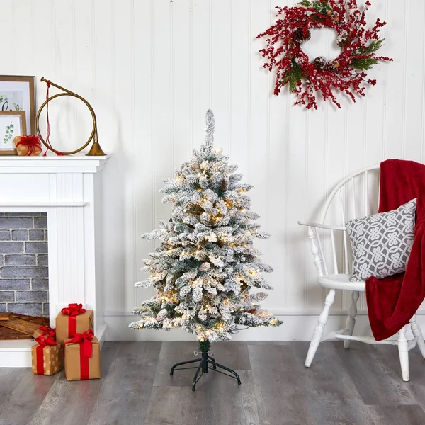 Nearly Natural 9ft. Flocked Livingston Fir Artificial Christmas Tree with Pine Cones and 650 Clear Warm LED Lights
