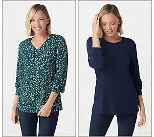 Susan Graver Set of 2 Print and Solid Liquid Knit Tops, Size Small, Teal/Navy