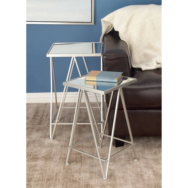 Classy Metal Side Table with Mirror, Set of 2
