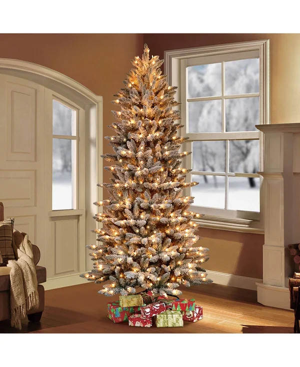 Puleo International Pre-Lit Slim Flocked Franklin Fir Christmas Tree - Green