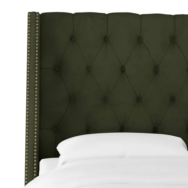 Twin Nail Button Tufted Wingback Headboard in Velvet Loden Green - Skyline Furniture
