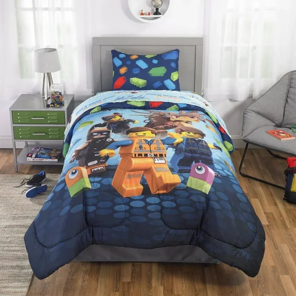The Lego Movie 2 Kids Bedding - 2pc Comforter and Sham Set, Twin/Full, Lets Build Together, Blue