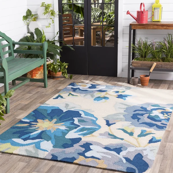 Modern BHS-0057099 Hooked Poly Blue Outdoor Floral Door Mat - 3' x 5'
