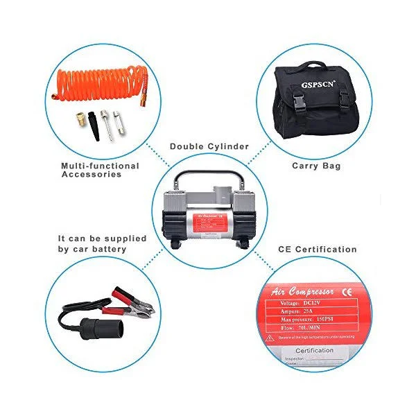 GSPSCN Silver Tire Inflator Heavy Duty Double Cylinders with Portable Bag - Metal 12V Air Compressor Pump 150PSI with Adapter for