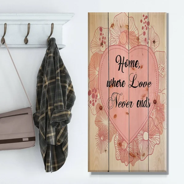Designart 'Home Where Love Never Ends. Pink Floral Heart' Textual Entrance Art on Wood Wall Art - 20 in. Wide x 40 in. High