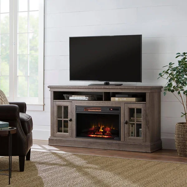 Home Decorators Collection Highview 59 in. Freestanding Media Console Electric Fireplace TV Stand in Embossing Oak