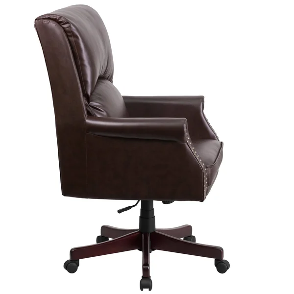 High Back Pillow Back Brown Leather Executive Swivel Office Chair with Arms