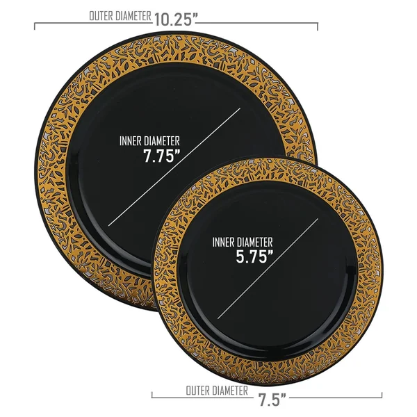 Shiny Lace Rim Disposable Plastic Plate Packs - Party Supplies (Black with Gold Rim - 120pcs - Salad Plates)