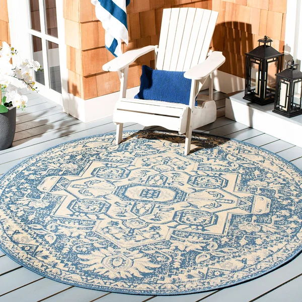 Safavieh Beach House Thea Indoor/ Outdoor Rug - 6&7x22 x 6&7x22 Round - Cream/Blue