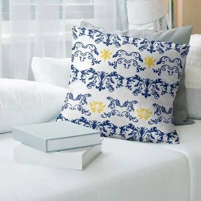 La Throwback Football Baroque Square Pillow Cover East Urban Home Color: White/Light Navy/Yellow - Size: 14x22 x 14