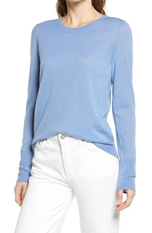 Women's Halogen Crewneck Lightweight Merino Wool Blend Sweater, Size XX-Large - Blue