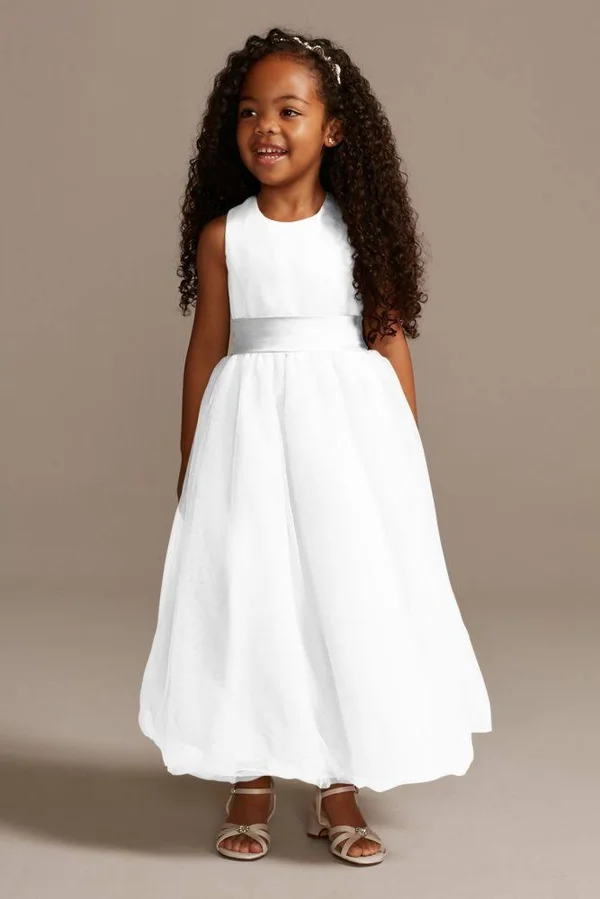 Satin Flower Girl, Communion Dress with Tulle Skirt - White, 4