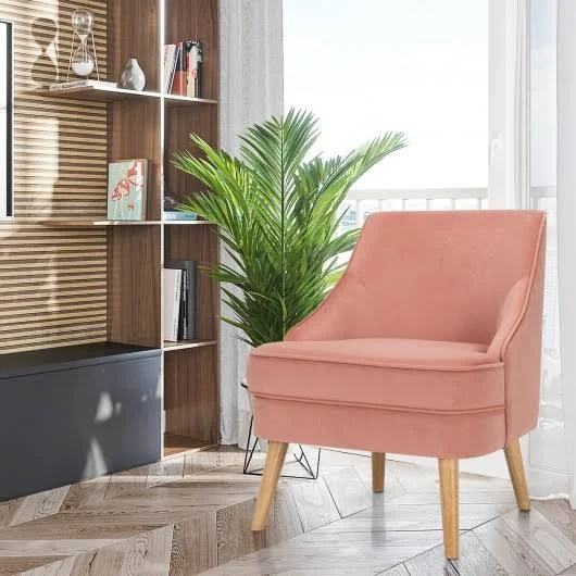 Velvet Upholstered Accent Chair with Rubber Wood Legs-Pink, Costway
