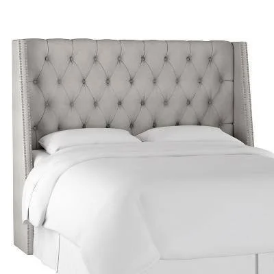 Full Diamond Tufted Wingback Headboard Medium Gray Velvet with Pewter Nail Buttons - Skyline Furniture