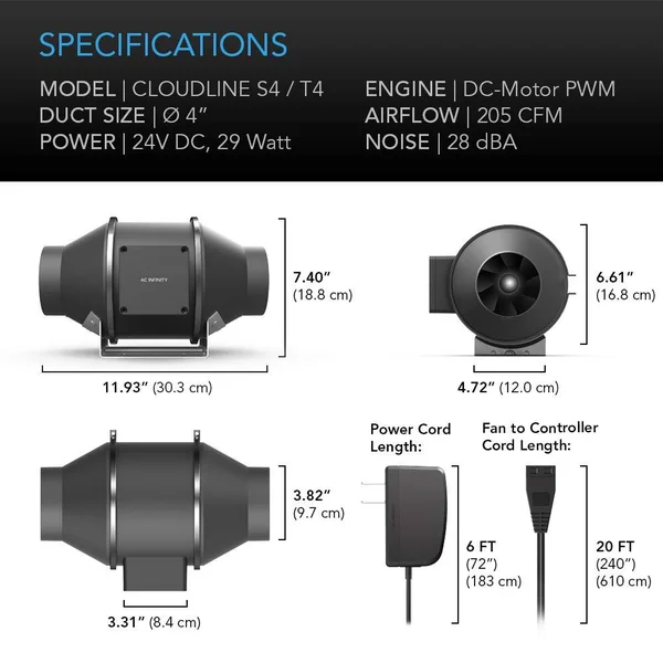 AC Infinity Cloudline S4, Quiet 4” Inline Duct Fan with Speed Controller - VENTILATION Exhaust Fan for HEATING Cooling Booster