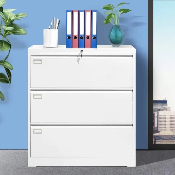 Suncrown 3 Drawer Lateral File Cabinet with Lock Metal Lateral - White