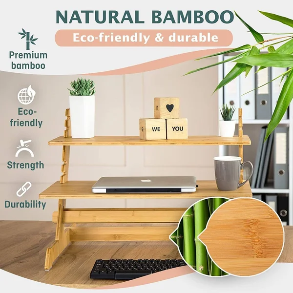 Crew & Axel Standing Desk Converter 100% Natural Bamboo Adjustable Sit Stand Riser Workstation for Desktop or Laptop, Dual M