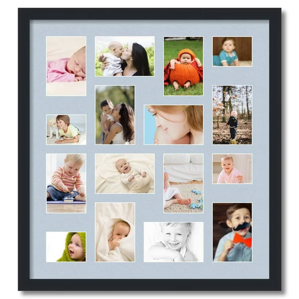 Collage Picture Frame, Satin Black Frame with 16 openings for 4x6 Photos with Baby Blue Mat. D3926FT187, ArtToFrames