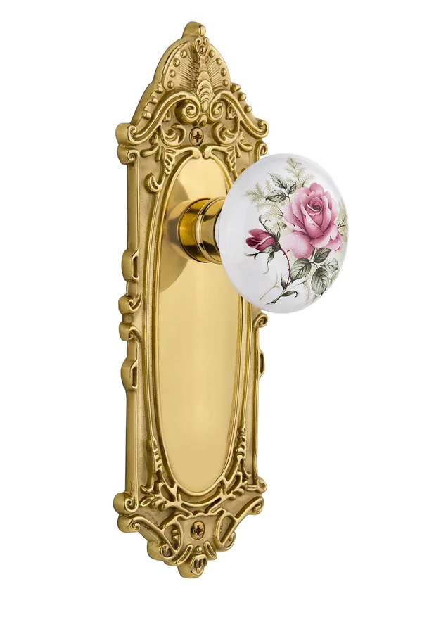 Nostalgic Warehouse 711111 Victorian Plate Double Dummy White Rose Porcelain Door Knob - Polished Brass