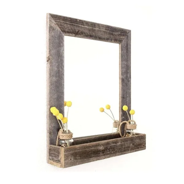 HomeRoots Rustic Weathered Gray Reclaimed Wood Plank Mirror with Shelf in Brown, 4000380345