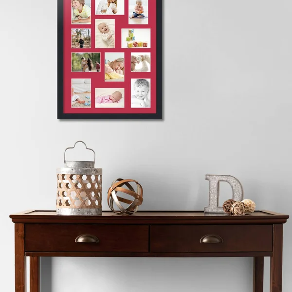 Collage Picture Frame - Satin Black Frame with 12 openings for 4x6 Photos with Red Rouge Mat. D3926CS1286, ArtToFrames