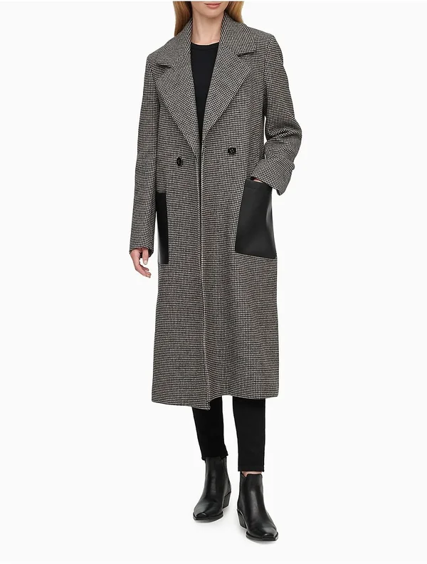 Calvin Klein Double Breasted Plaid Wool Blend Faux Leather Patch Pockets Walker Coat, Womens, XL, Black