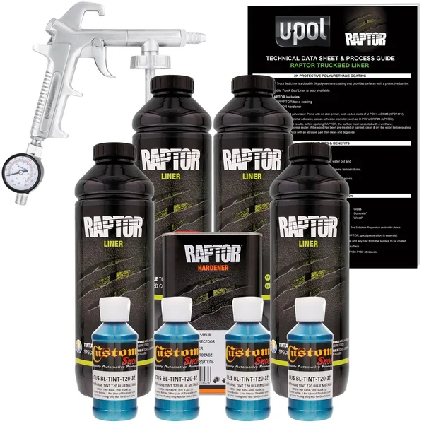 U-POL Raptor Blue Metallic Urethane Spray-On Truck Bed Liner Kit w/ Free Spray Gun - 4 Liters