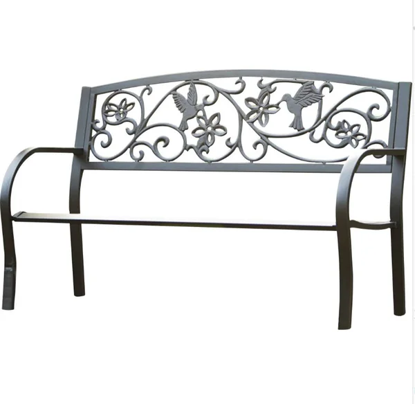 Cast Aluminum Outdoor Garden Bench with Hummingbird Design - Black