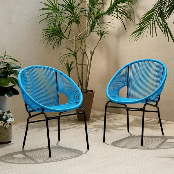 Noble House Nusa Outdoor Faux Rattan Club Chair in Blue and Black (Set of 2)