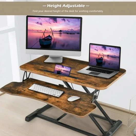 Costway Converter Adjustable Riser Stand Desk with Keyboard Tray-Brown