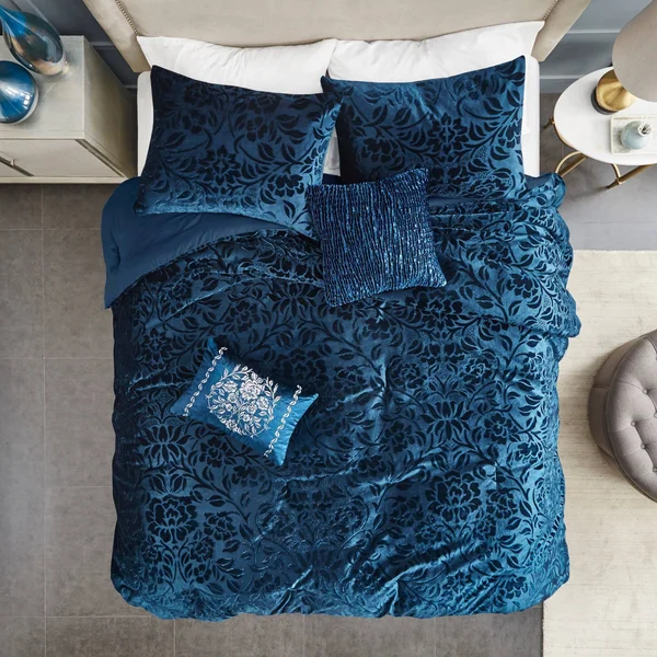 Home Essence Edith 5 Piece Faux Velvet Comforter Set - Size: King, Blue