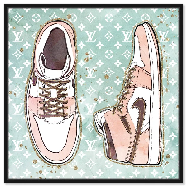 Oliver Gal 'Blush Fashion Sneakers' Fashion and Glam Wall Art Framed Canvas Print Shoes - Pink, Green - 40 x 40 - Gold