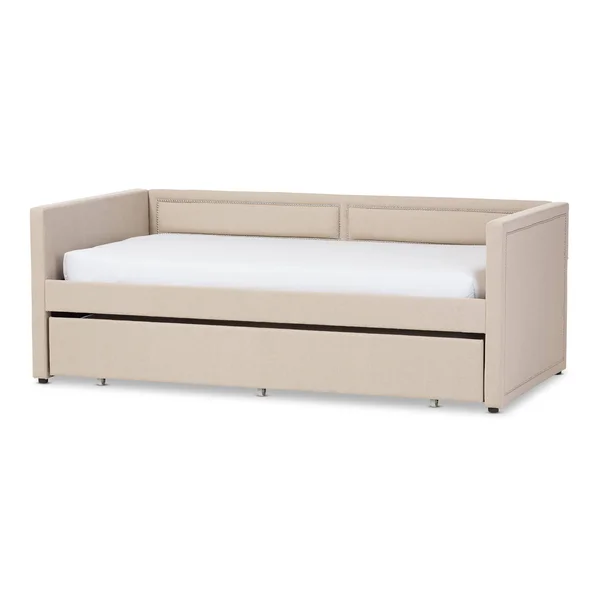 Baxton Studio Raymond Beige Linen Fabric Nail Heads Trimmed Sofa Twin Daybed with Roll-Out Trundle Guest Bed