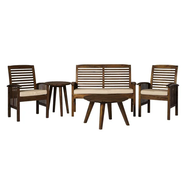 Walker Edison 5-Piece Wood Frame Patio Conversation Set withCushion(s) Included - LWOWCHAT5PCDB