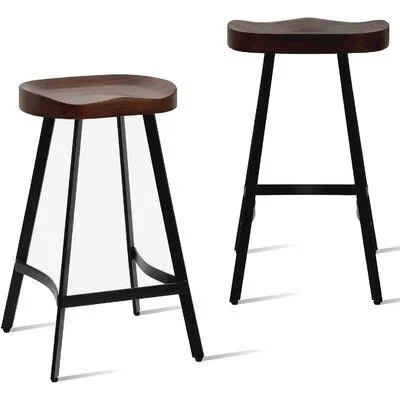 Set of 2 Industrial Rustic Bar Stool Saddle Seat Counter Height Farmhouse Stool-Metal and Wood Top Dining Stools - Backless, Stacka