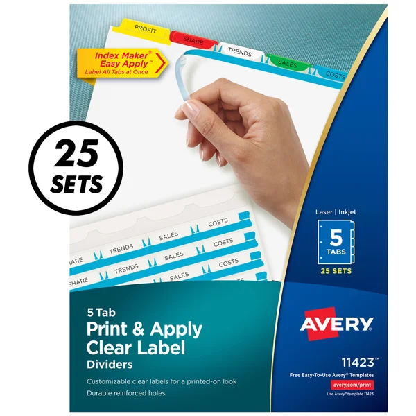 Avery Print & Apply Clear Label Dividers, Index Maker Easy Apply Printable Label Strip, 5 Multicolor Tabs, 25 Sets (11423)
