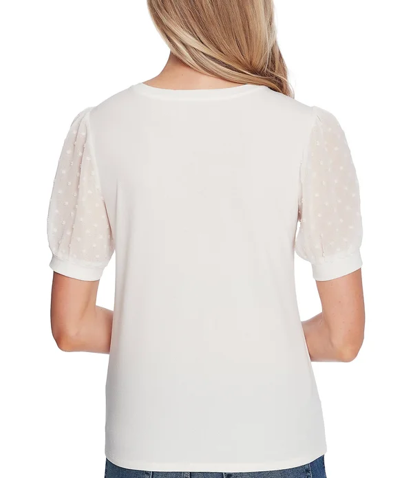 Women's Cece Puff Sleeve Mixed Media Top - Medium - Soft Ecru