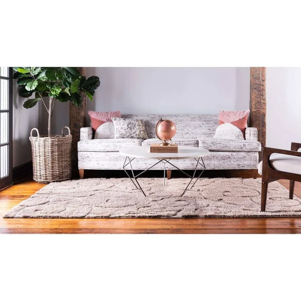 Unique Loom Carved Floral Shag Area Rug - 4& x 6& - Ivory