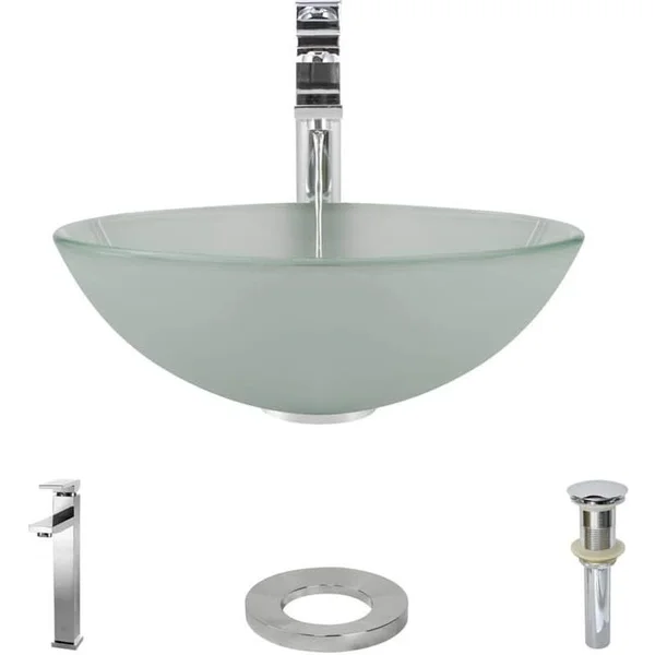 Rene R5-5002-R9-7003 16-1/2x22 Glass Vessel Bathroom Sink with Vessel Faucet Sink Frosted - Chrome