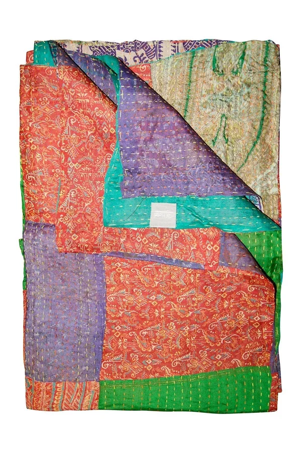 Kantha Silk Throw in Orange, Purple and Green