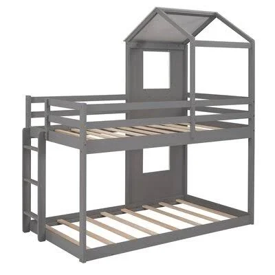 Twin Over Twin Bunk Bed Wood Bed with ROOF, WINDOW, Guardrail, Ladder for Kids, Teens Harper Orchard