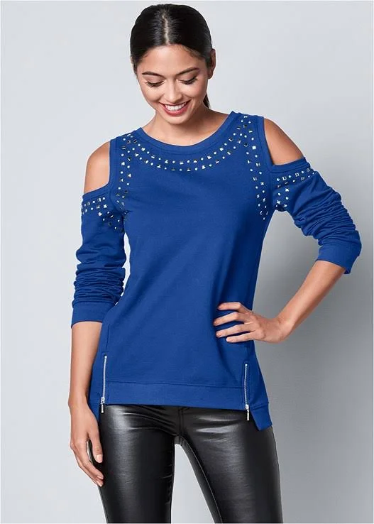 Women's Cold-Shoulder Sweatshirt Loungewear - Blue - Size 2x by Venus