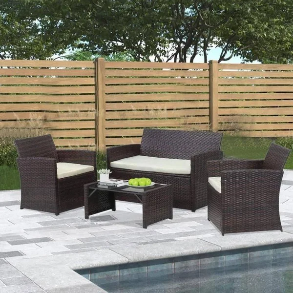 Zenova Outdoor Furniture Set 4 Pieces Wicker Rattan Sofa Waterproof - Beige