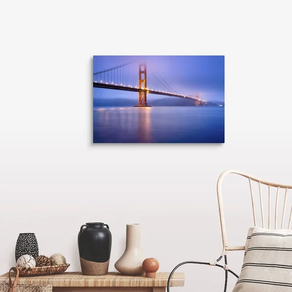 Golden Gate Bridge in San Francisco at Dusk, Bridge Lights Light Up Low Fog., Canvas Wall Art, 30x20, Great Big Canvas