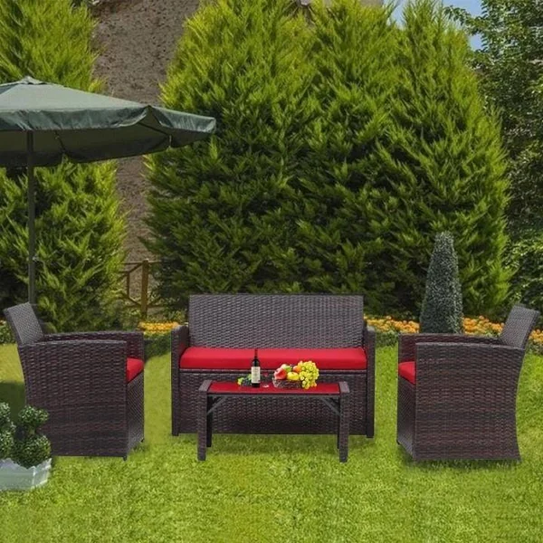 Zenova Outdoor Furniture Set 4 Pieces Wicker Rattan Sofa Waterproof - Beige